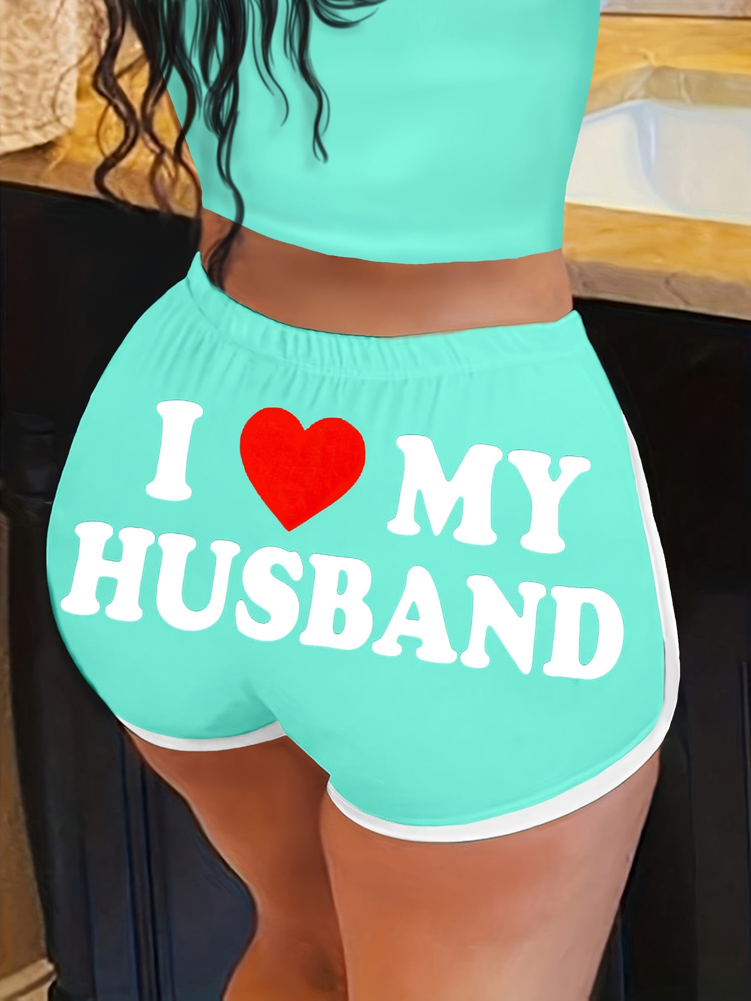 Women'S "I Love My Husband" Letter Print Elastic Waist Shorts - Casual, Stretchy, and Comfortable for Spring & Summer, Perfect for Casual Attire